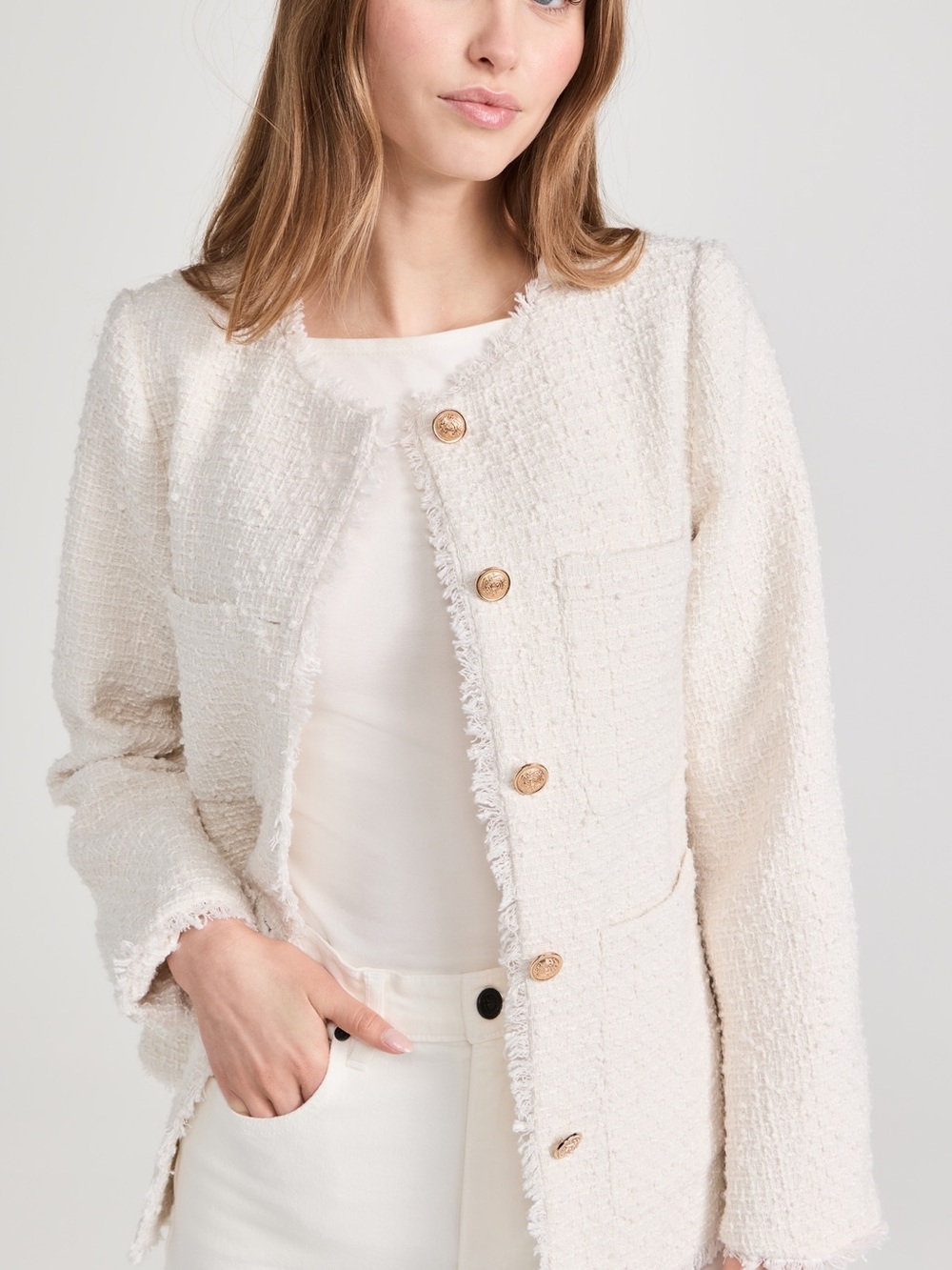 Line & Dot Tweed Jacket Size Large Ivory Gold Button Blazer Revolve